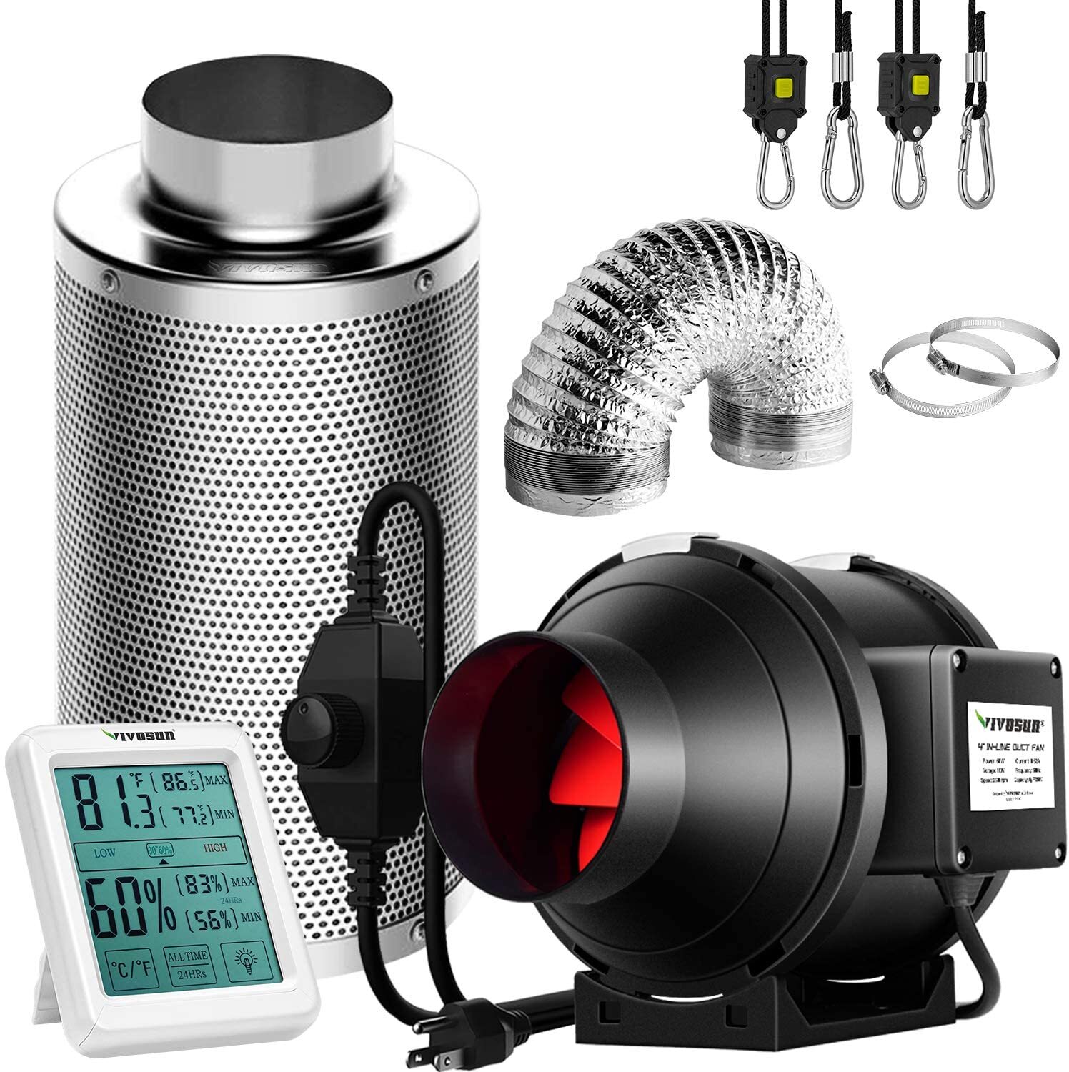 VIVOSUN 4/6/8 Inch Inline Fan w/ Speed Controller Carbon Filter,8ft of Ducting