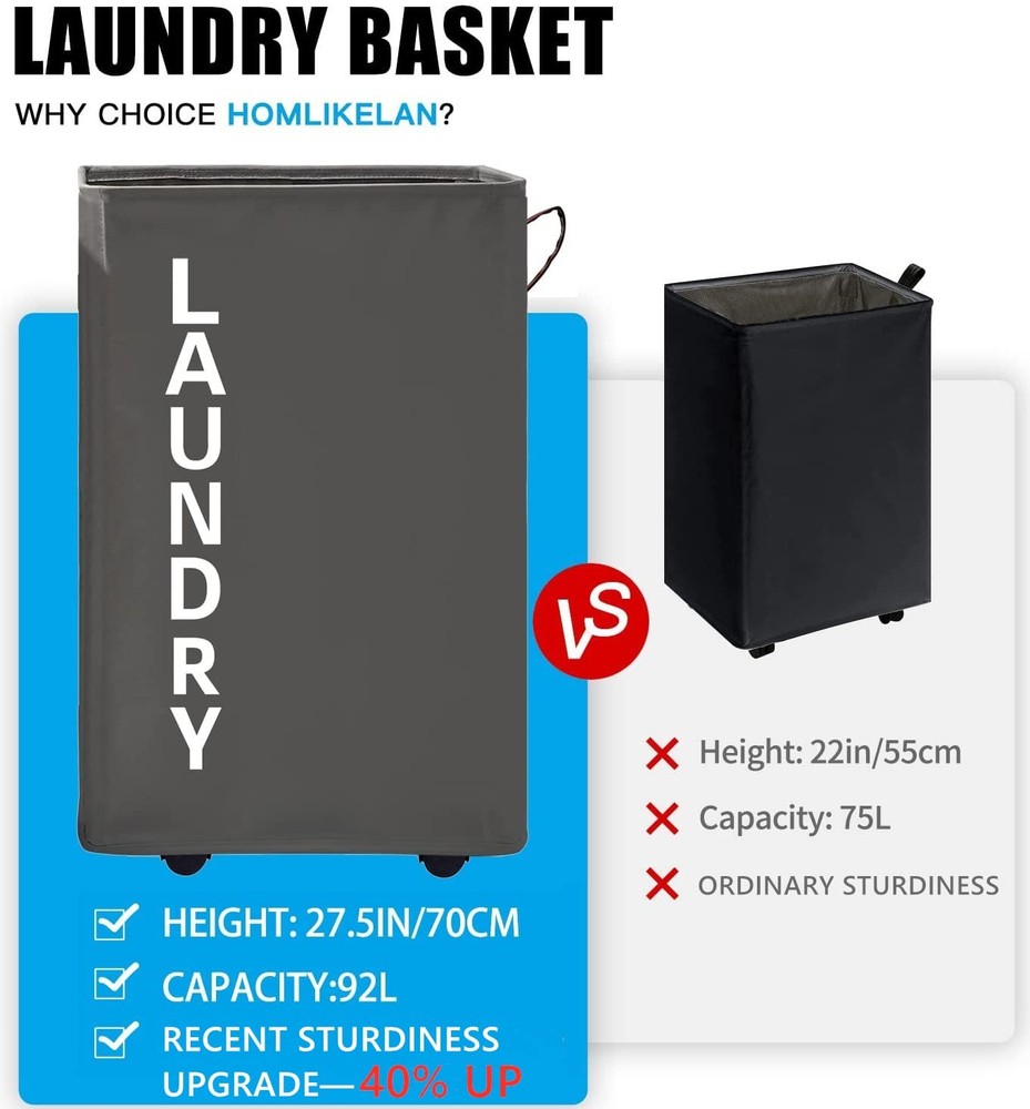 92L Grey Extra Large Standable Rolling Laundry Hamper Basket Wheels Leather