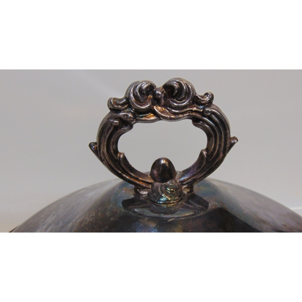 Casserole Dish Vintage Silver Plate Covered Footed 9" Glass Fancy Buffet Elegant