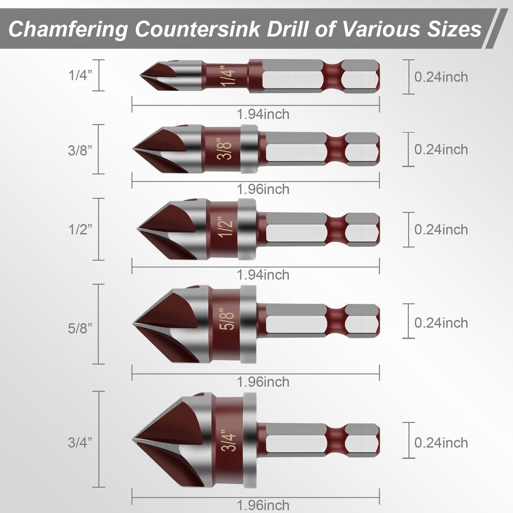 5PCS Countersink Drill Bit Set, 82 Degree HSS Counter Sink Bits for...