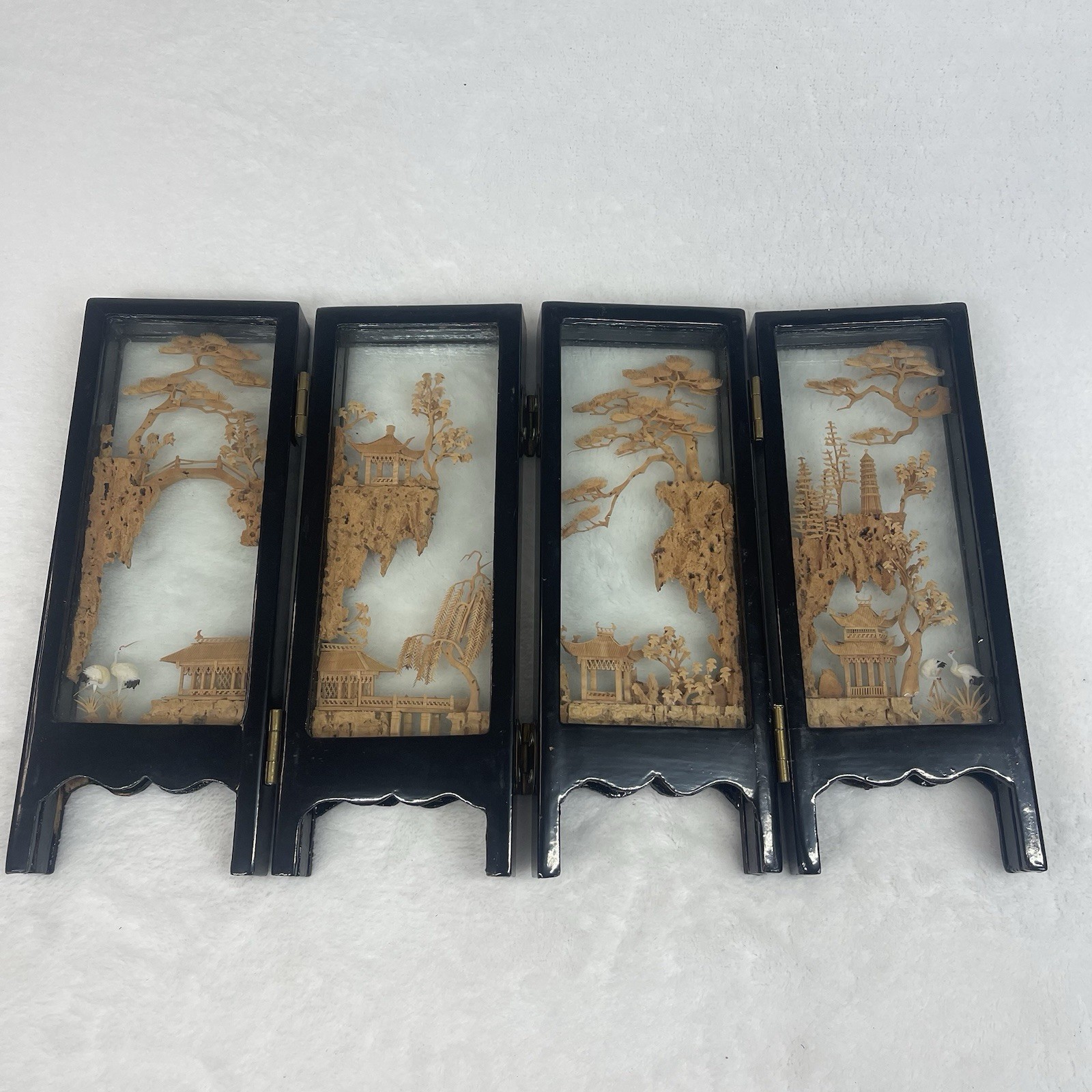 Vintage Chinese Cork Diorama Folding Screen Double Glass Lacquer Wood 4 Panel