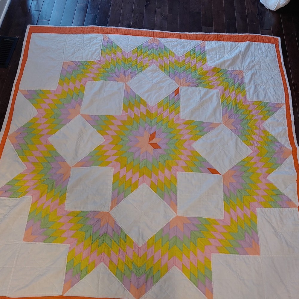 Antique Patchwork Quilt, 78x74, Lonestar Pattern Marked Handmade USA Multicolor