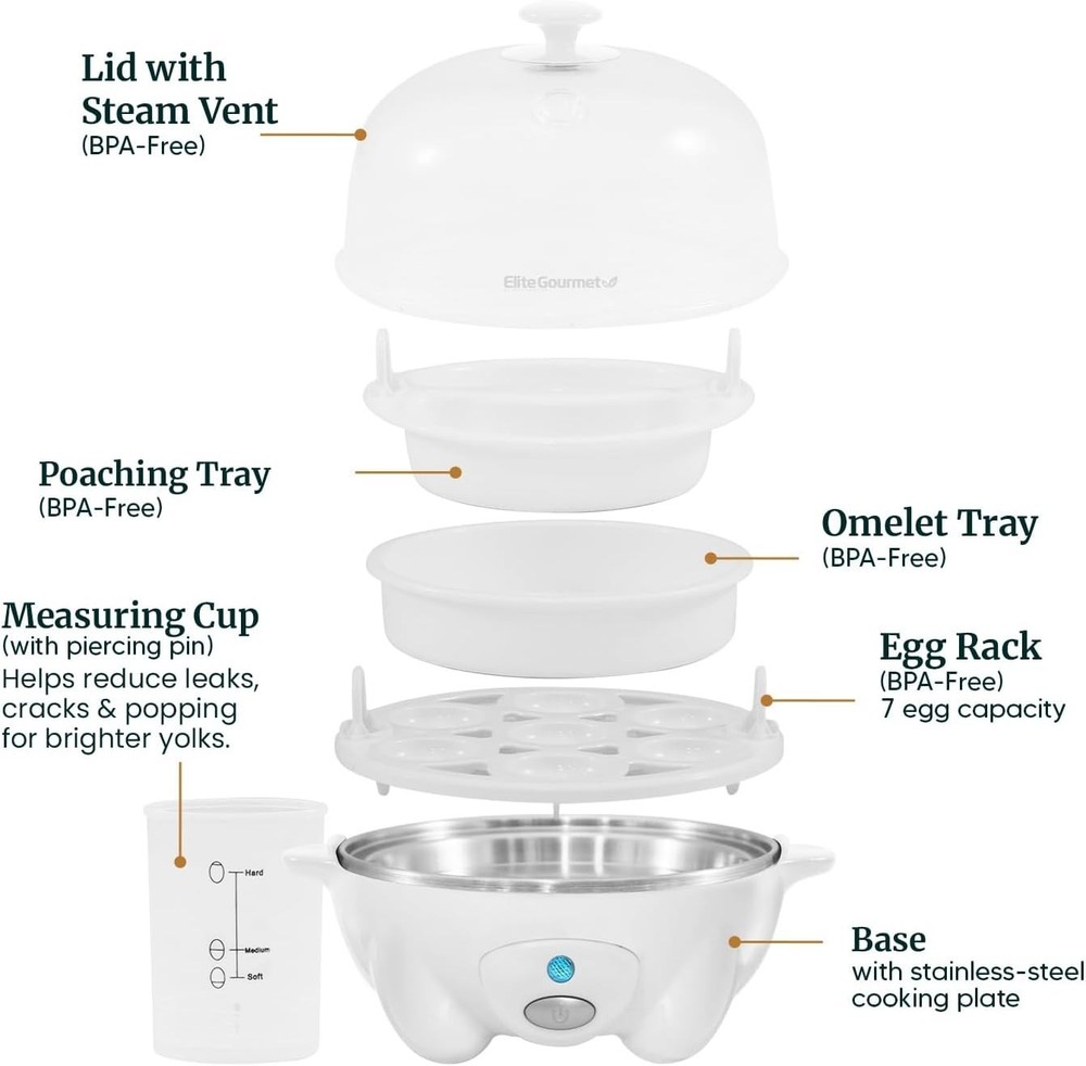 Compact White Egg Cooker with Auto Shut-Off: Makes 7 Delicious Eggs Effortlessly