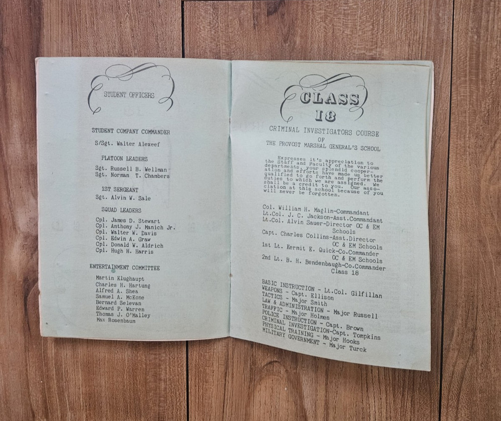 PROVOST MARSHAL INVESTIGATORS SCHOOL FORT CUSTER GRADUATION DINNER PROGRAM 1944