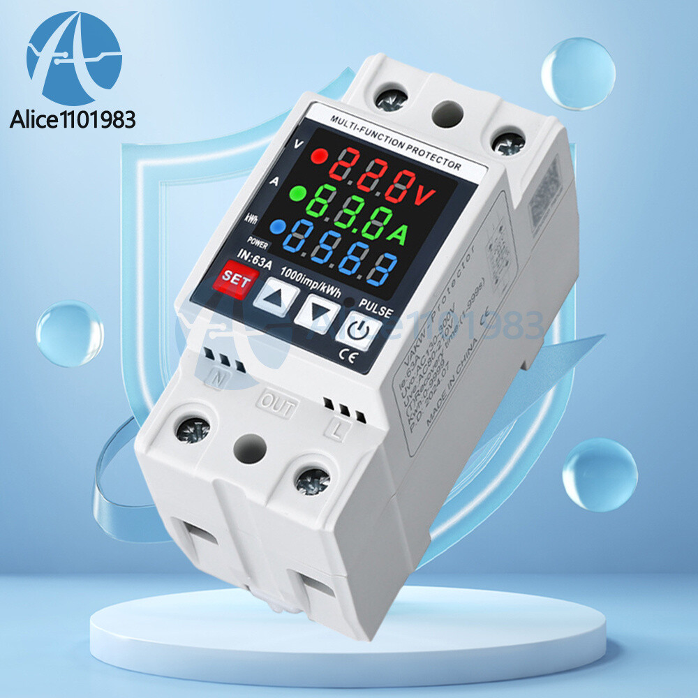 Voltage Current Power Meter 35mm Rail Overcurrent Undervoltage Protector 63A