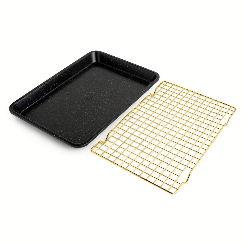 Thyme & Table Non-Stick Rectangle Baking Sheet with Gold Cooling Rack - Black