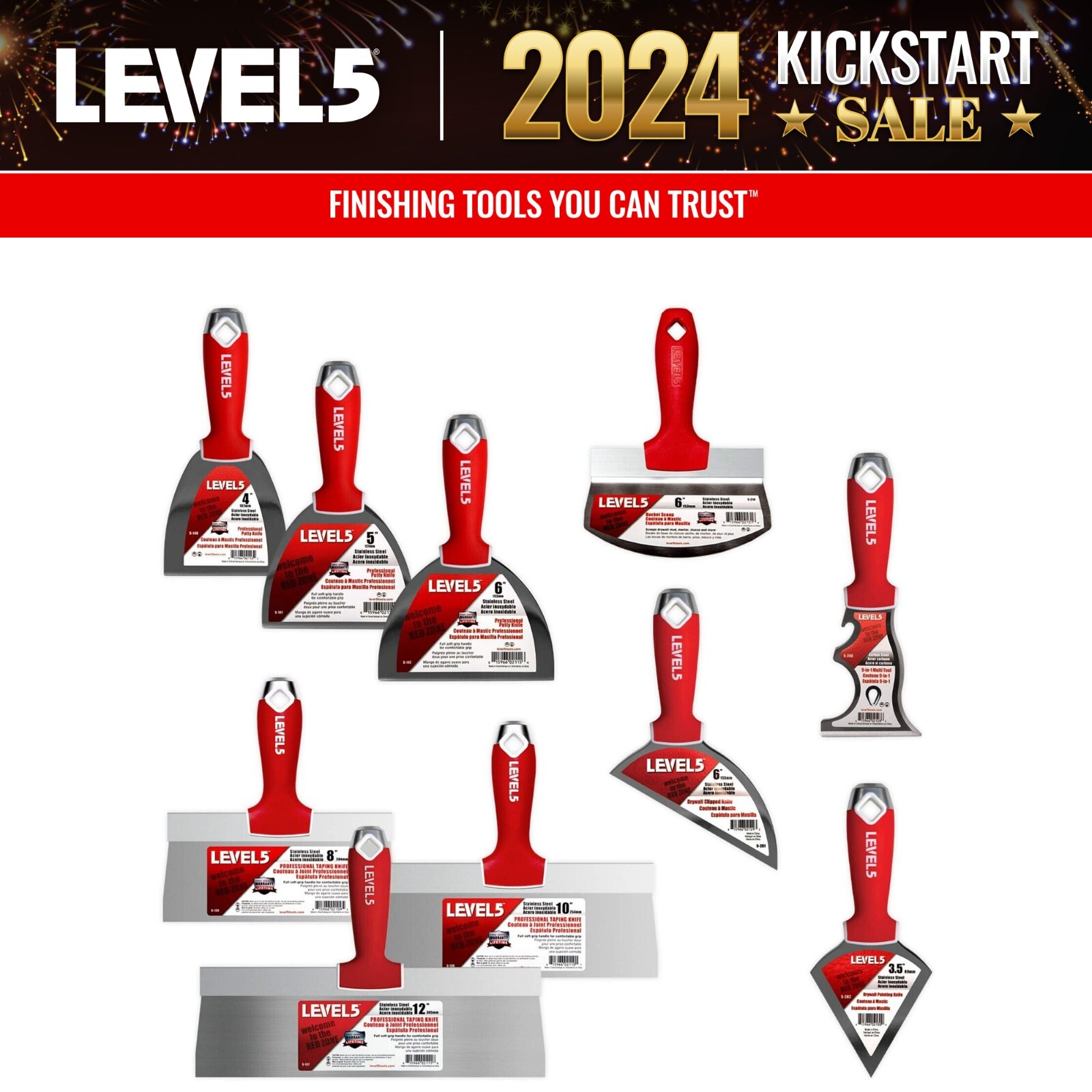 LEVEL5 Drywall Finishing Hand Tool Set | Stainless Steel | Pro Grade | 5-623