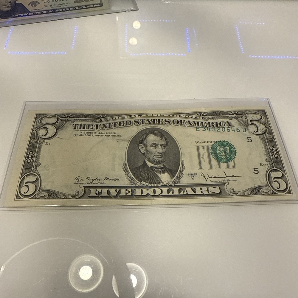 1977A $5 MAJOR MISALIGNMENT OVERPRINT FOLD ERROR (AU+) Federal Reserve Note!