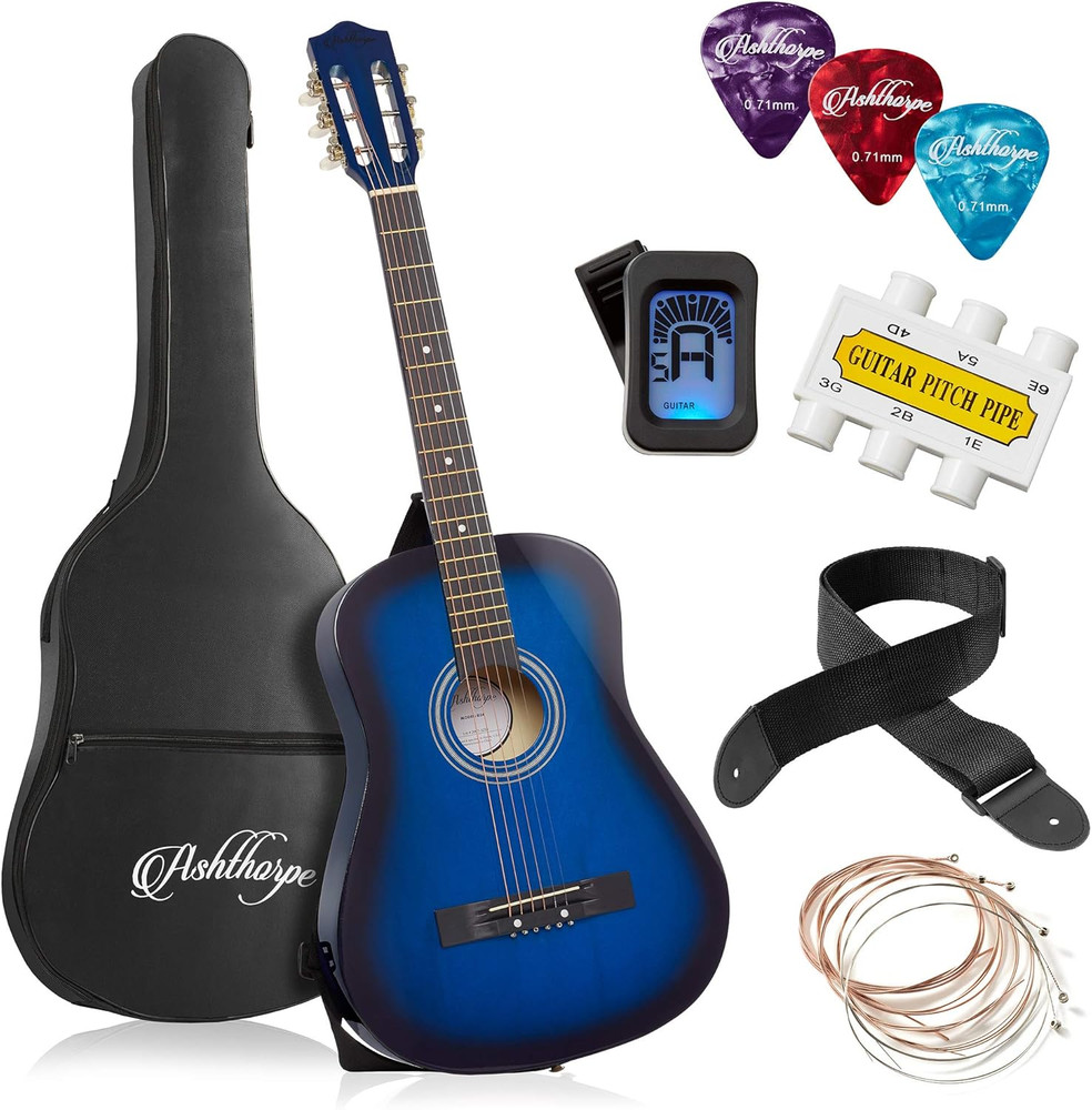 38-Inch Beginner Acoustic Guitar Package (Blue), Basic Starter Kit W/Gig Bag, St