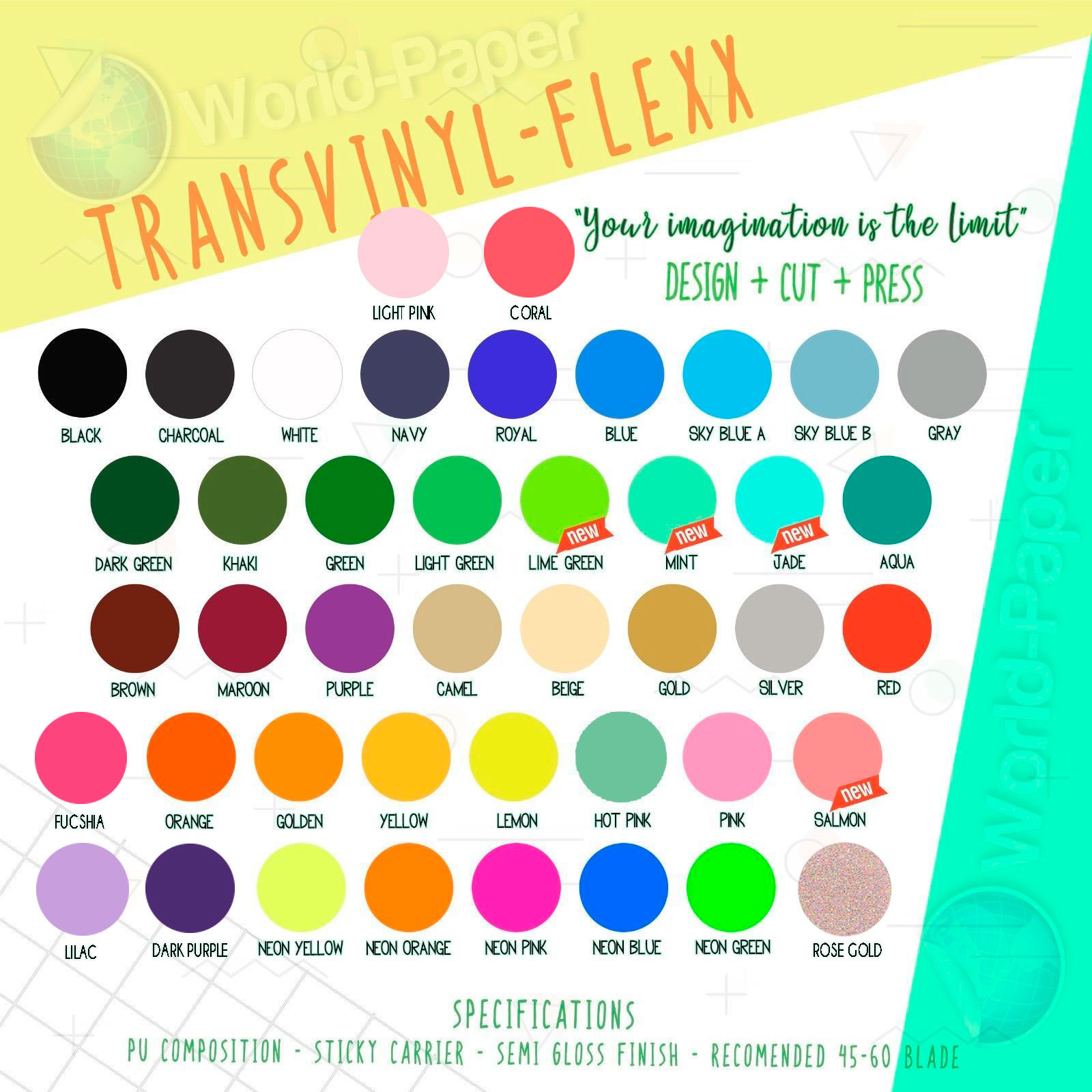 Heat Transfer Vinyl for T-Shirts 15" inches wide by the Yard Rolls