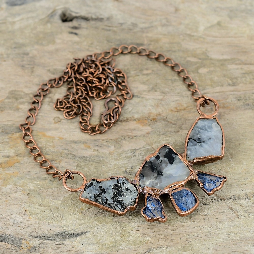 Rainbow Moonstone Rough Electroformed Chain Adjustable Necklace Copper 18.0"