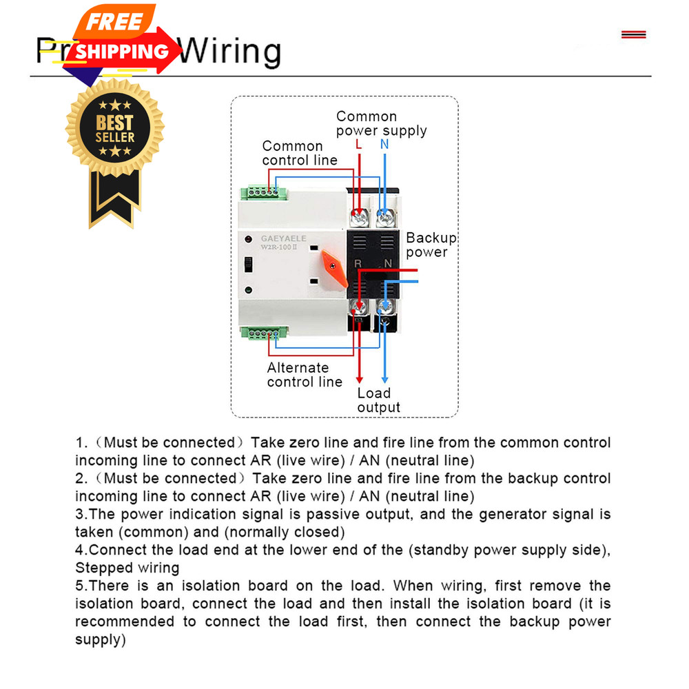 GAEYAELE Mini ATS Automatic Transfer Switch Dual Power 2P-100A-220V, Black