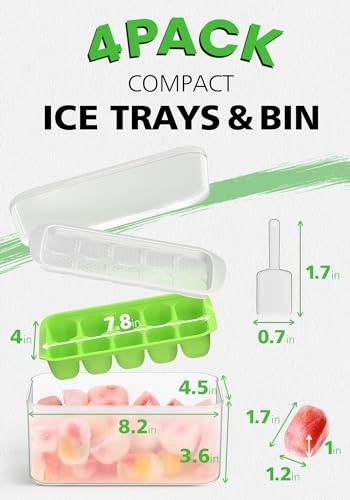 Ice Cube Tray with Lid and Bin - 4 Pack Ice Bucket Kits, Stackable Green