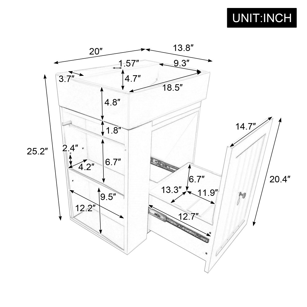 Bathroom Vanity with Ceramic Sink Includes Drawers and Side Shelves