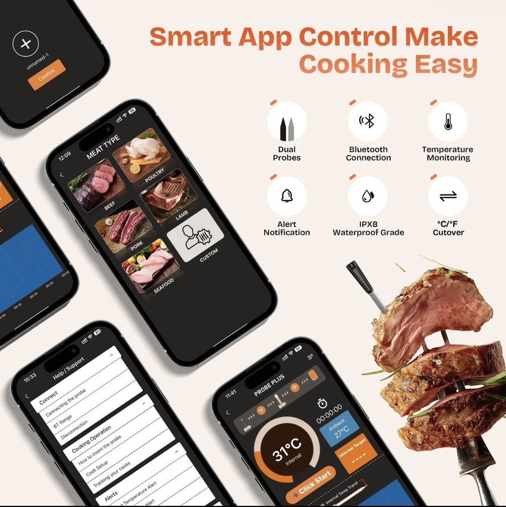 Smart Wireless Meat Thermometer with 2Color-Coded Probes,Standalone Display Base