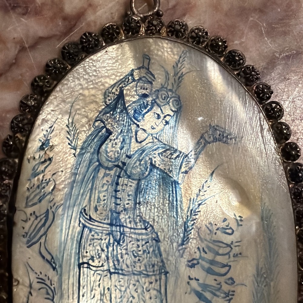 Antique Persian Miniature Hand Painted Shell Sterling Silver
