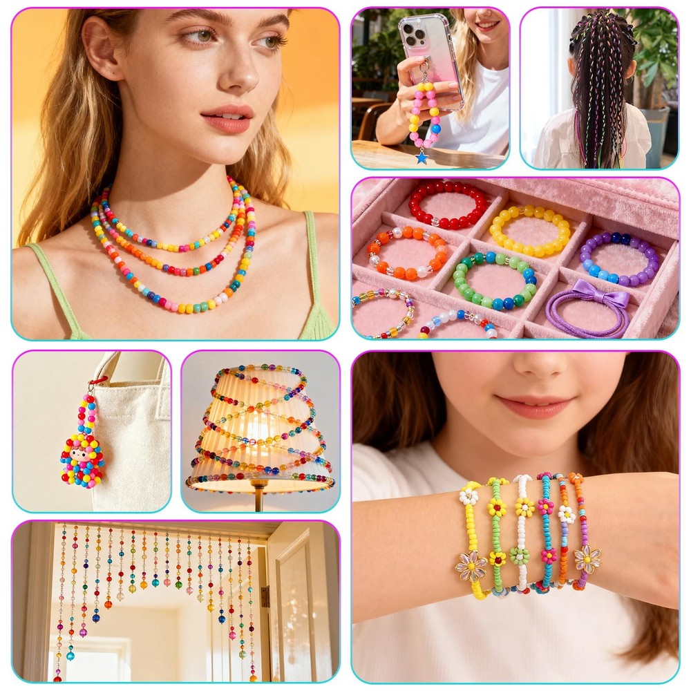 Stretchy Bracelet String Kit with Scissors & Beading Black, White, Rainbow
