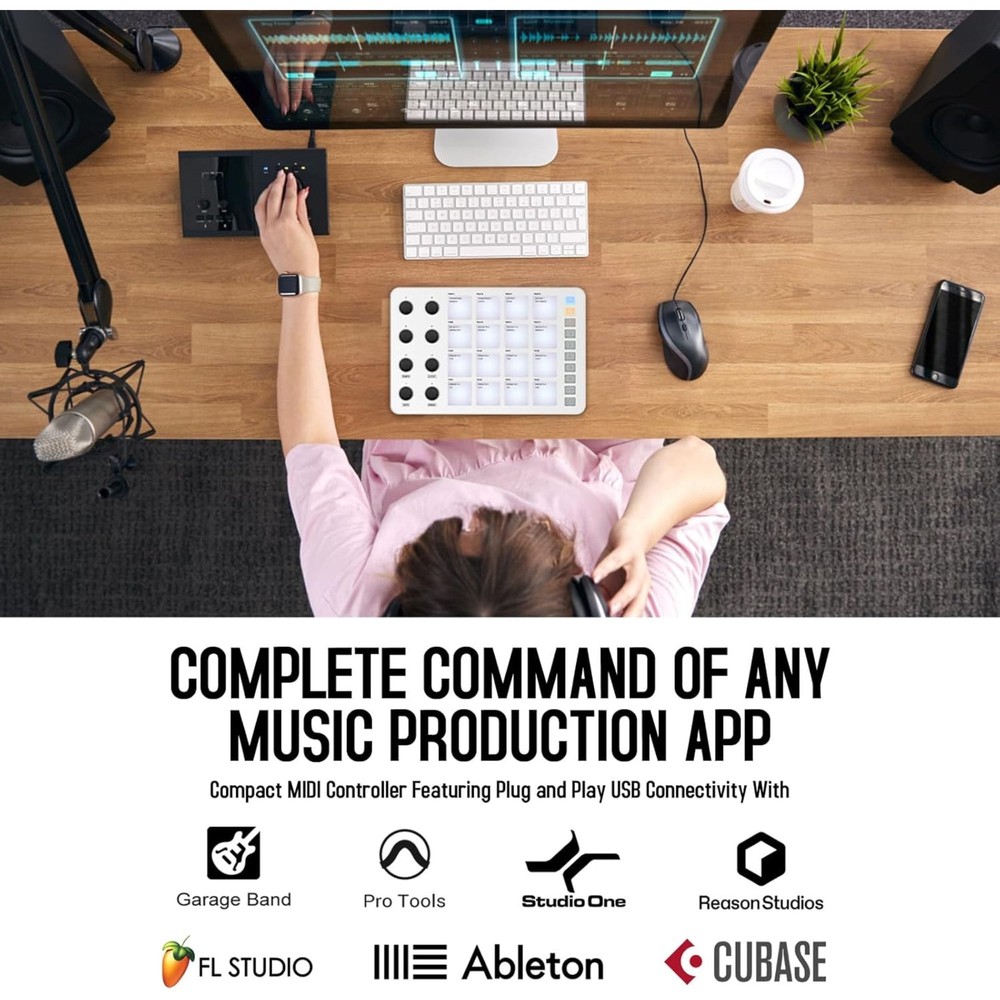 M-WAVE Midi Controller - Bluetooth USB Pad - 16 Drum Pads, 8 Knobs, Rechargeable