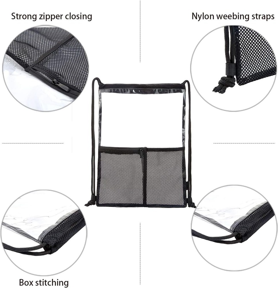 Clear Drawstring Backpack - 10pack String Cinch Bag Mesh Pocket, Bluk Black