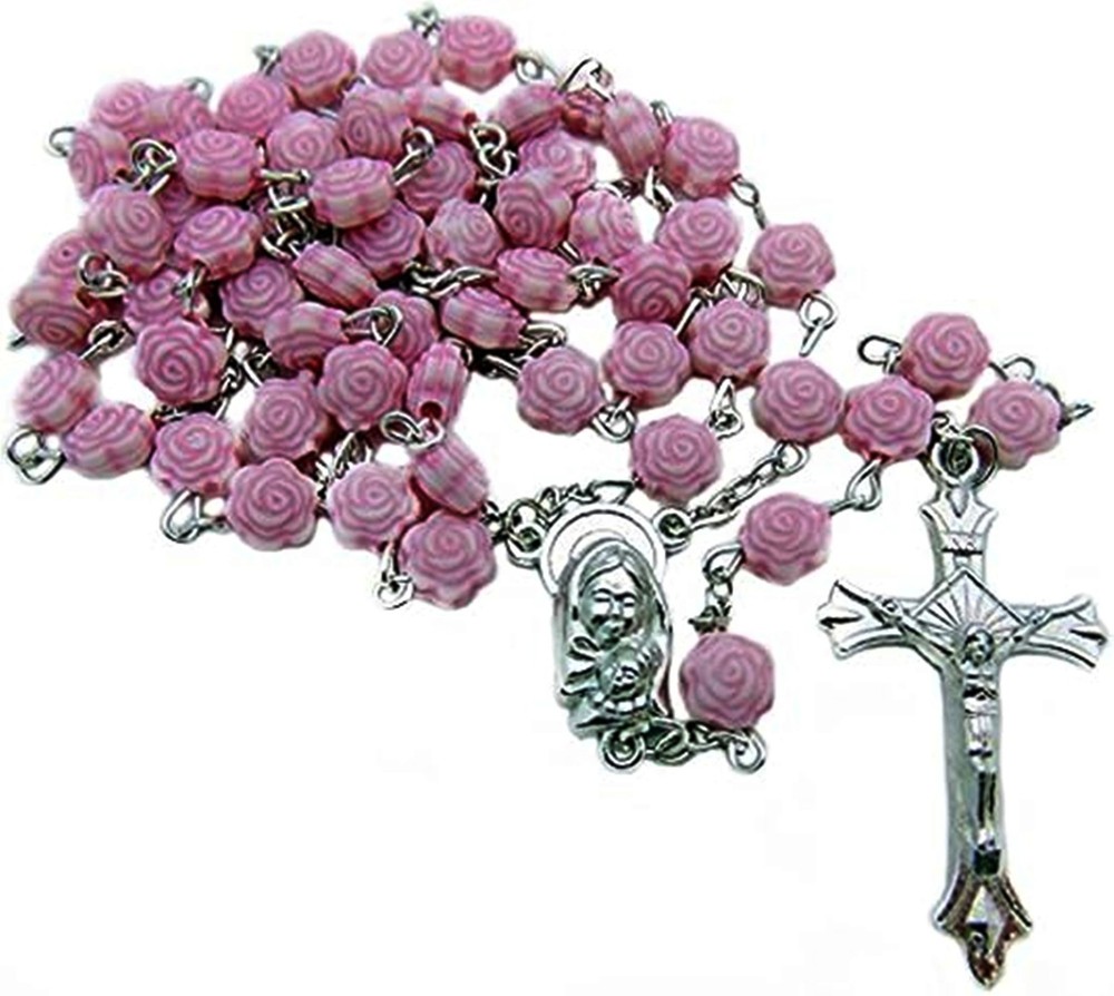 Pink Rosebud Rosary Rose Bud Shaped Beads Blessed Mother Center Pink Velour Bag