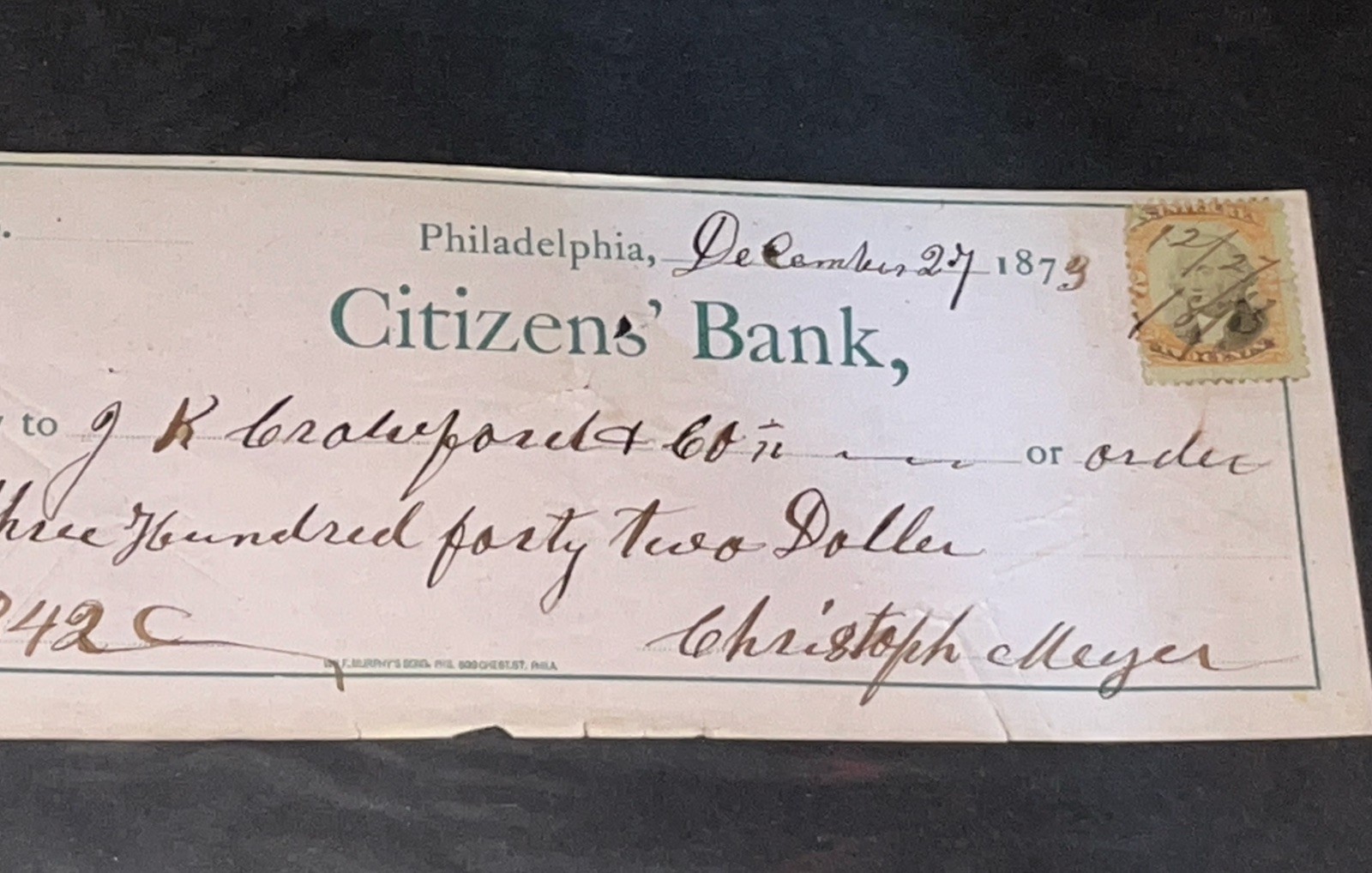 SET OF FIVE HISTORIC PHILADELPHIA REVENUE STAMPED CHECKS 1865-1873 US 2c STAMPS