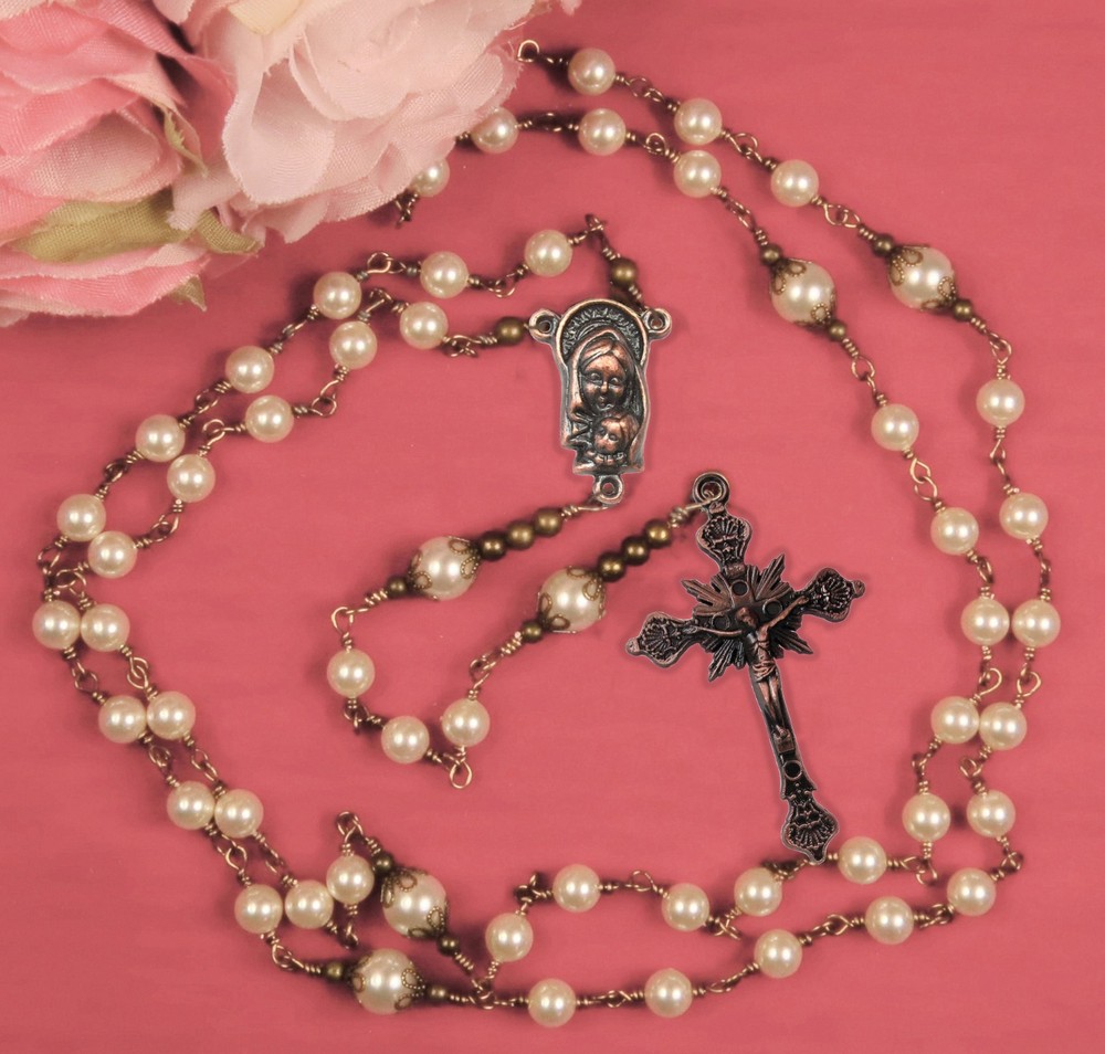 Catholic Rosary Handmade Unbreakable, White Crystal Pearls, Copper Crucifix