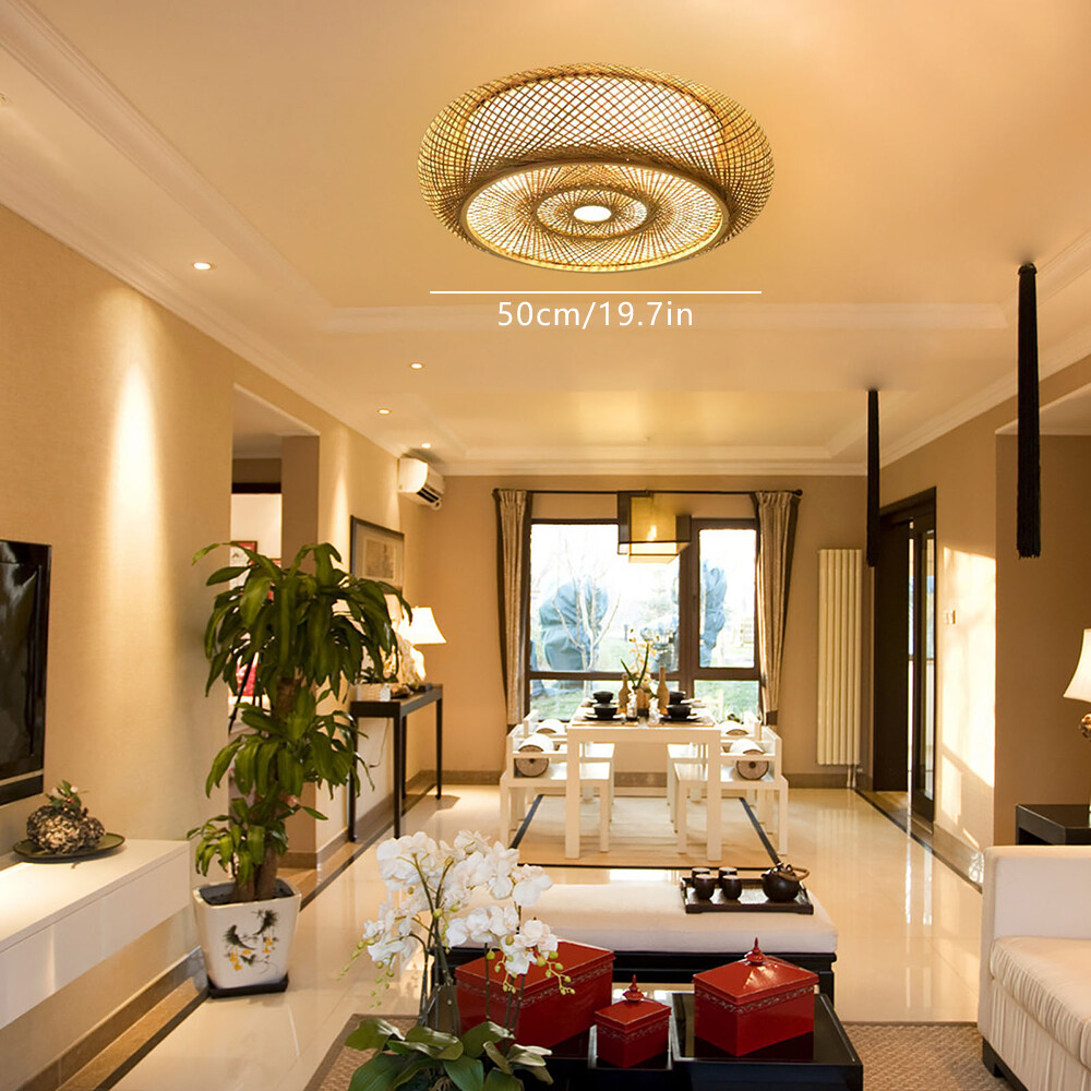 Bamboo Wicker Rattan Ceiling Light Flush Mount Lamp Restaurant Art Decor Fixture