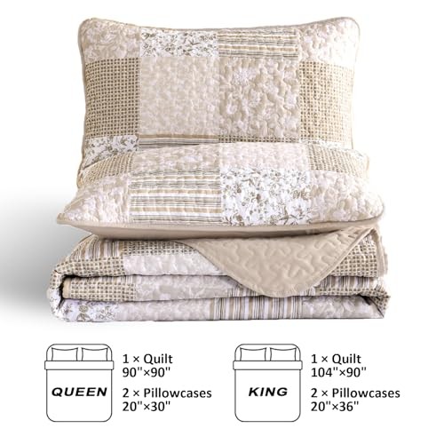 Boho Quilt Set Size, 3 Pieces Plaid Floral Bedspread Set Patchwork King Beige