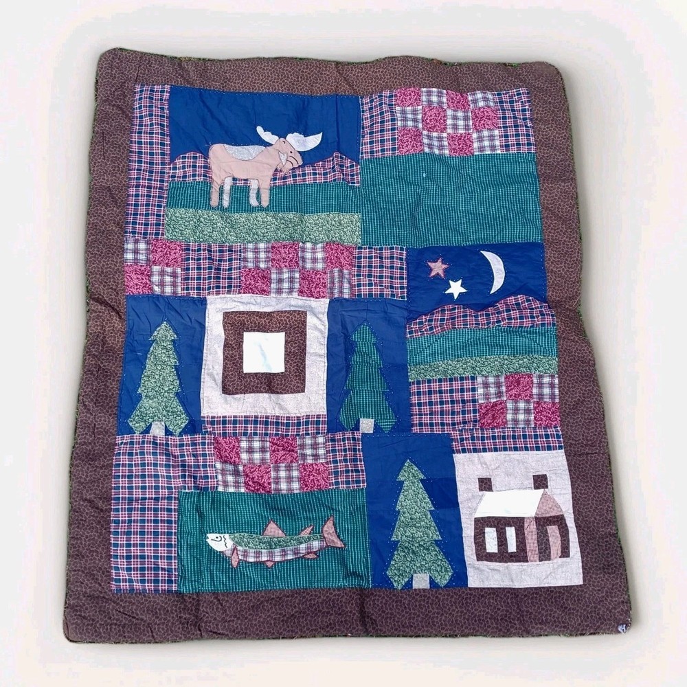 Handmade Nature Patchwork Quilt Wall Hanging 48x57 Outdoors Fish Moose Mountains