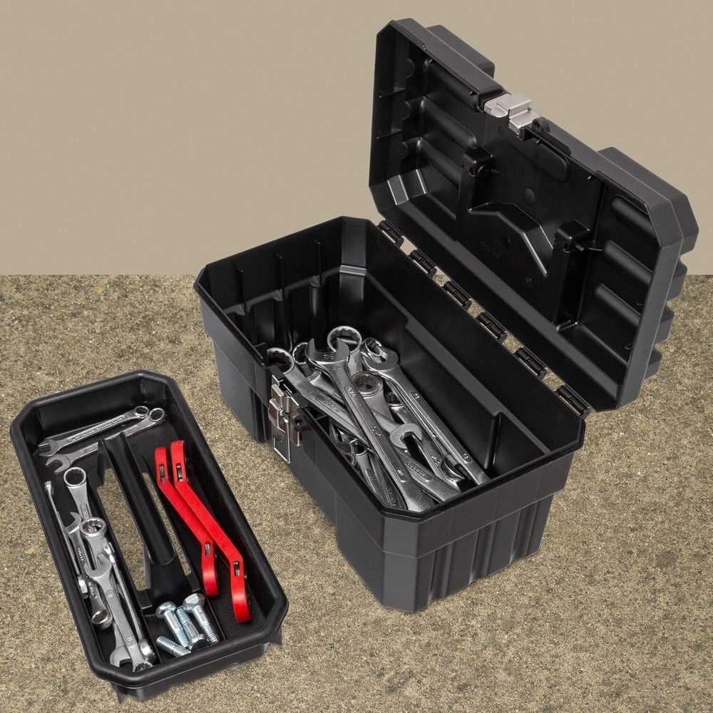 Durable 14-Inch Plastic Toolbox with Removable Tray - Perfect for Tools & Crafts