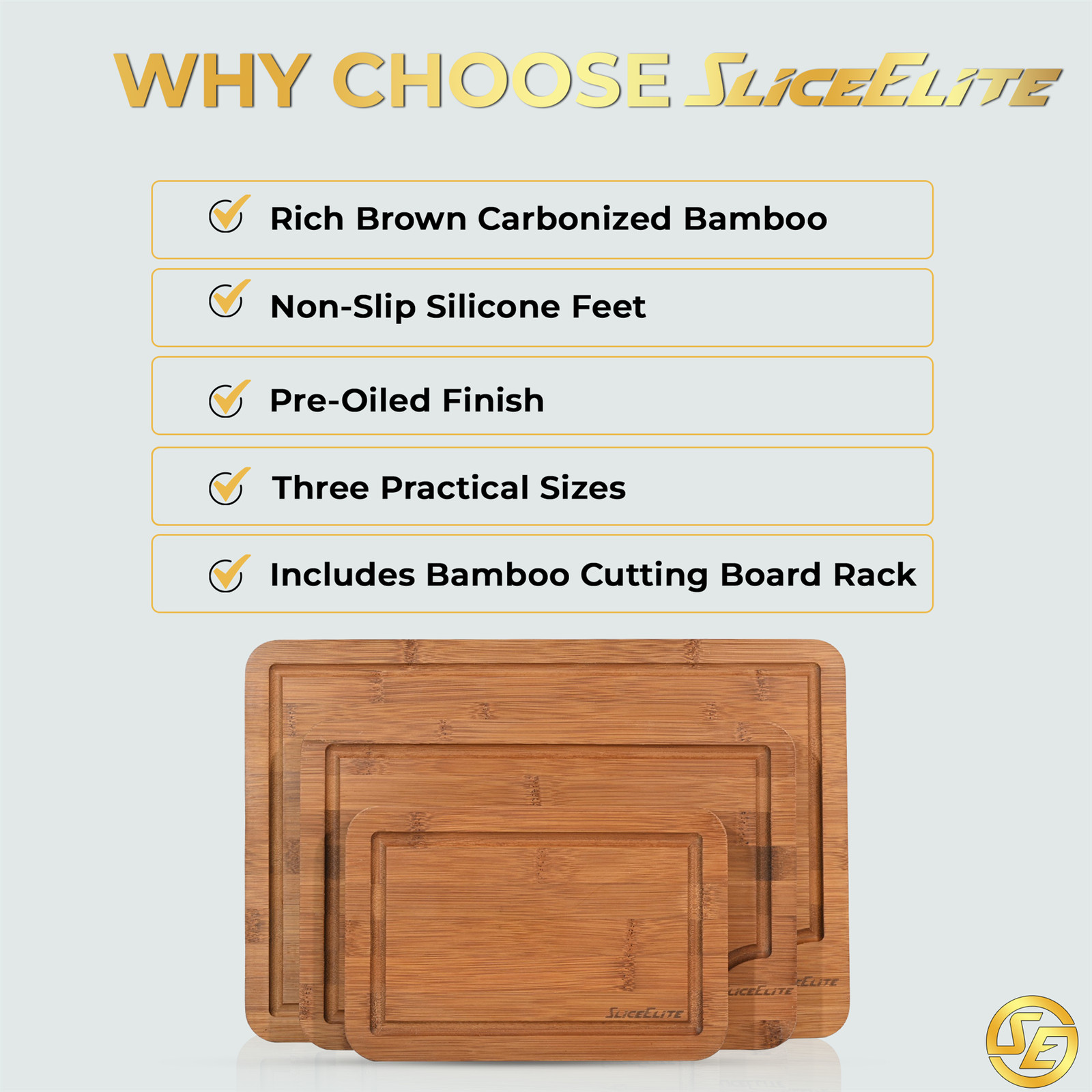 SliceElite Rich Brown Carbonized Bamboo Cutting Board Set 3 Piece with Stand