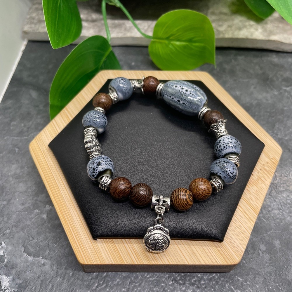 Handmade Ceramic Bead Beaded Stackable 6.5” Plus Stretch Bracelet New B421