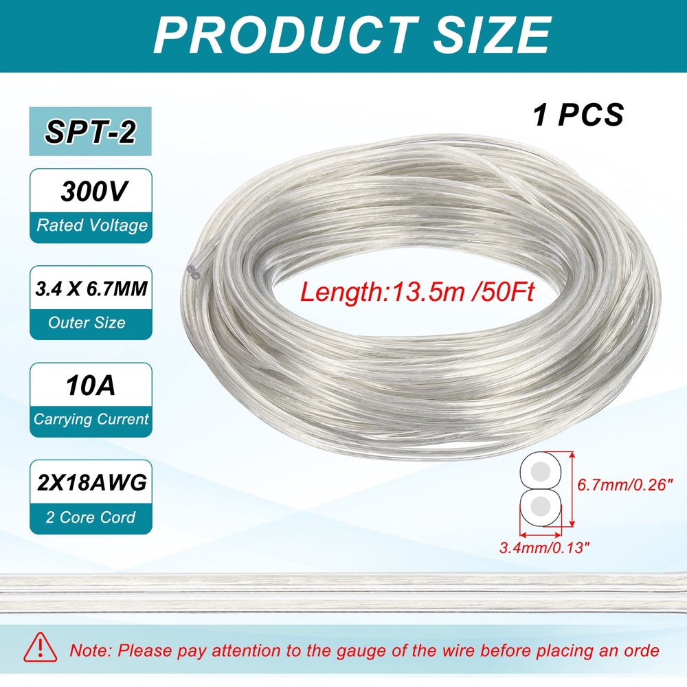 50Ft 18/2 Covered Wire SPT-2 UL Listed Copper Electronic Wire Clear