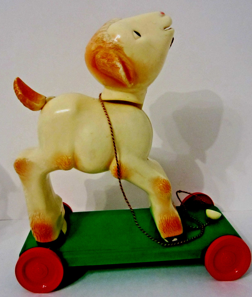Vintage 1950s Knickerbocker Pull Toy Lamb-All Original, Head Bobs Up/Down Nice