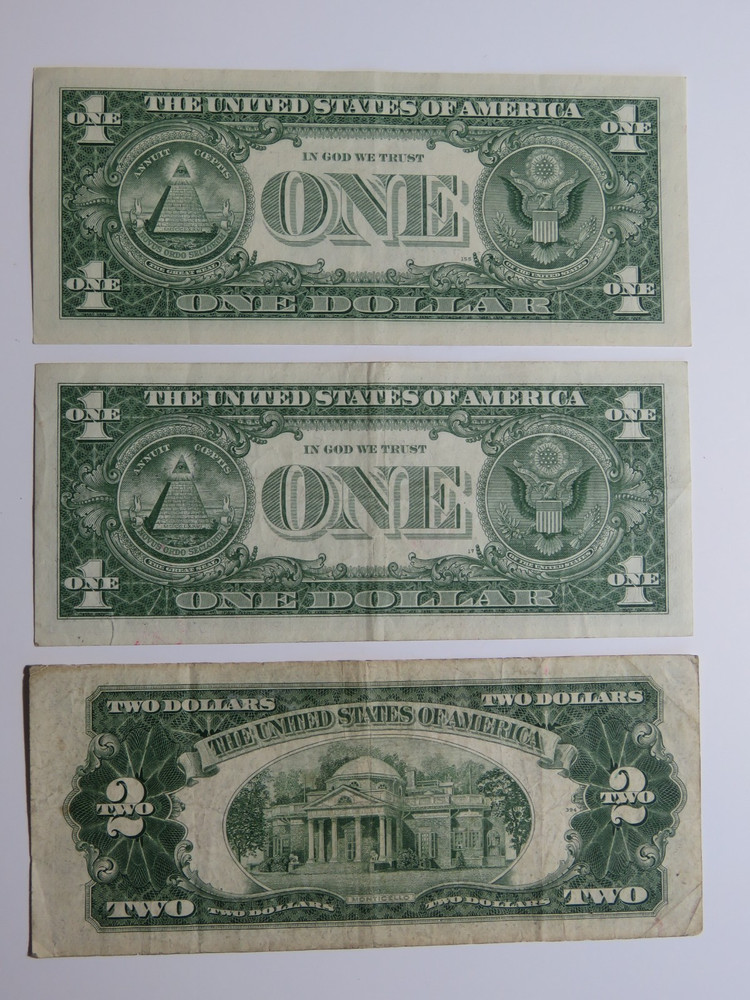 2 - $1 Silver Certs (1 * Note) & 1 - $2 Red Seal Note