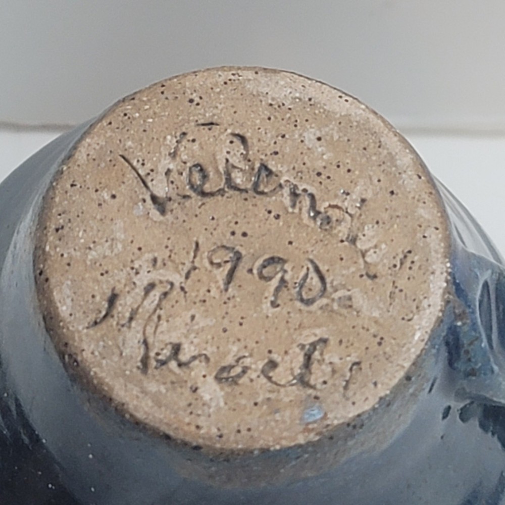 Tiny blue pitcher vase art pottery signed 1990 4" tall with handle