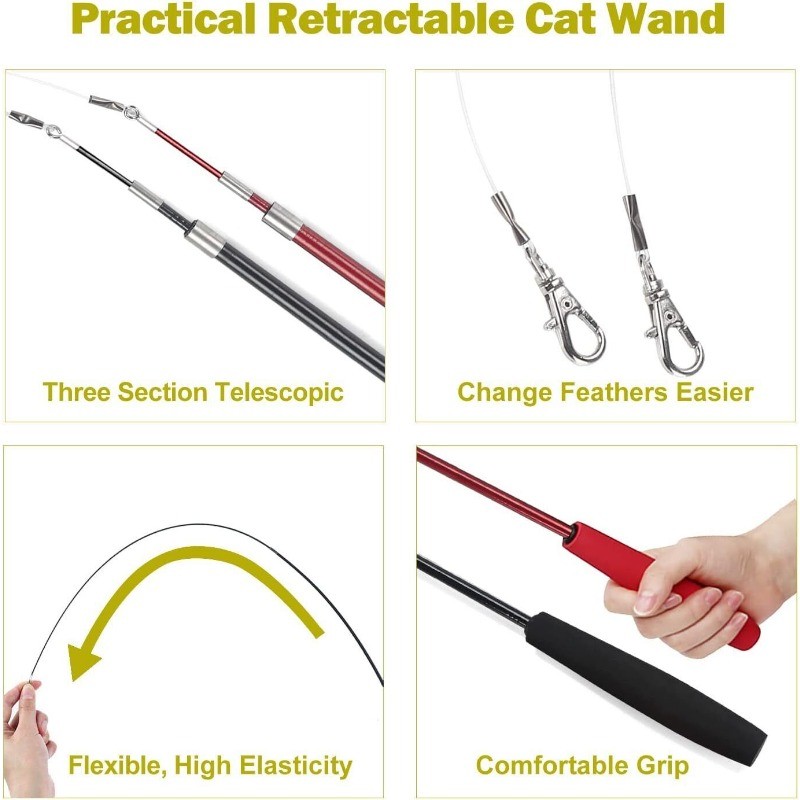 Interactive Cat Toys Retractable Wand Toy and Feather Toy Refills for Indoor Cat