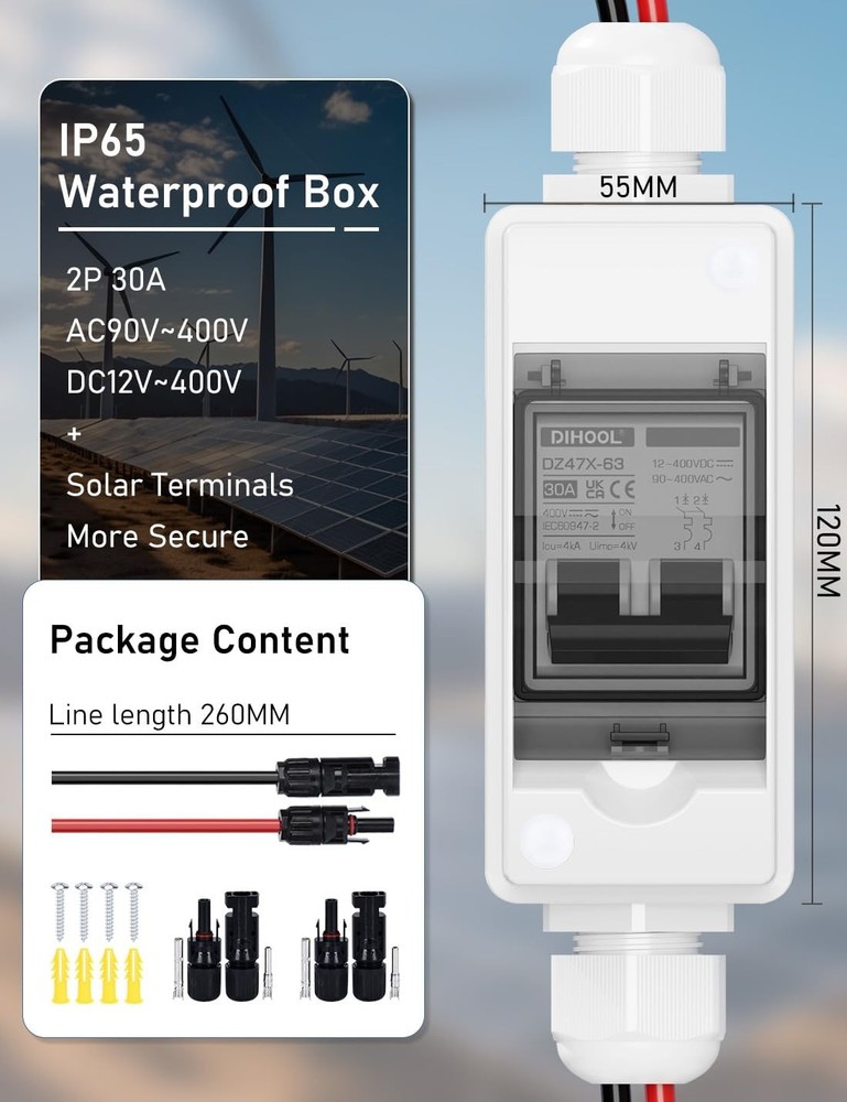 Compact 30 Amp Disconnect Switch with Protective Cover - Ideal for Solar Systems