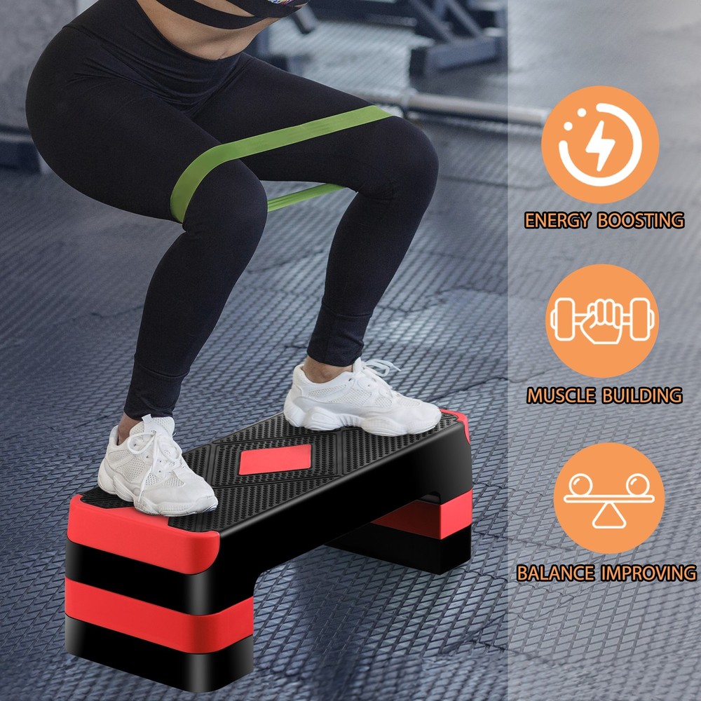 Adjustable 27" Aerobic Step Exercise Non-Slip Platform Stepper 4" - 8" Red