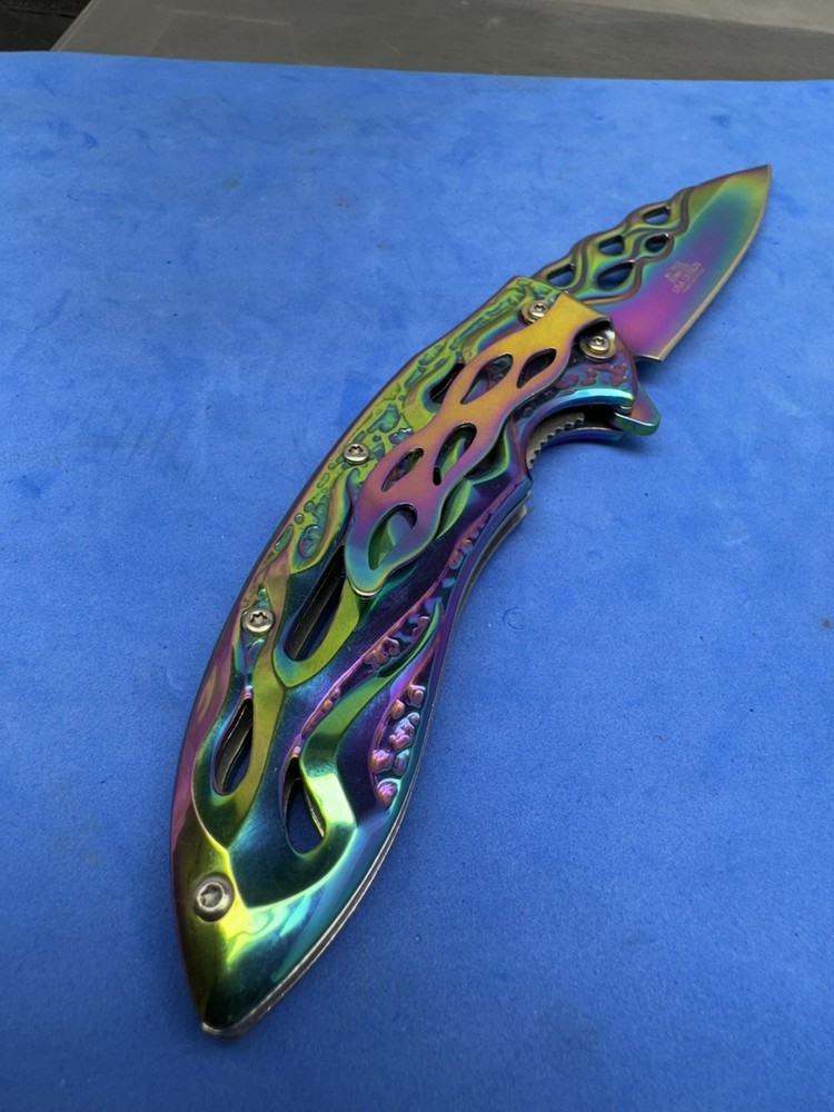 MTECH Assisted Opening Pocket Knife Rainbow Flame Cutout Fire Pattern Blade EDC