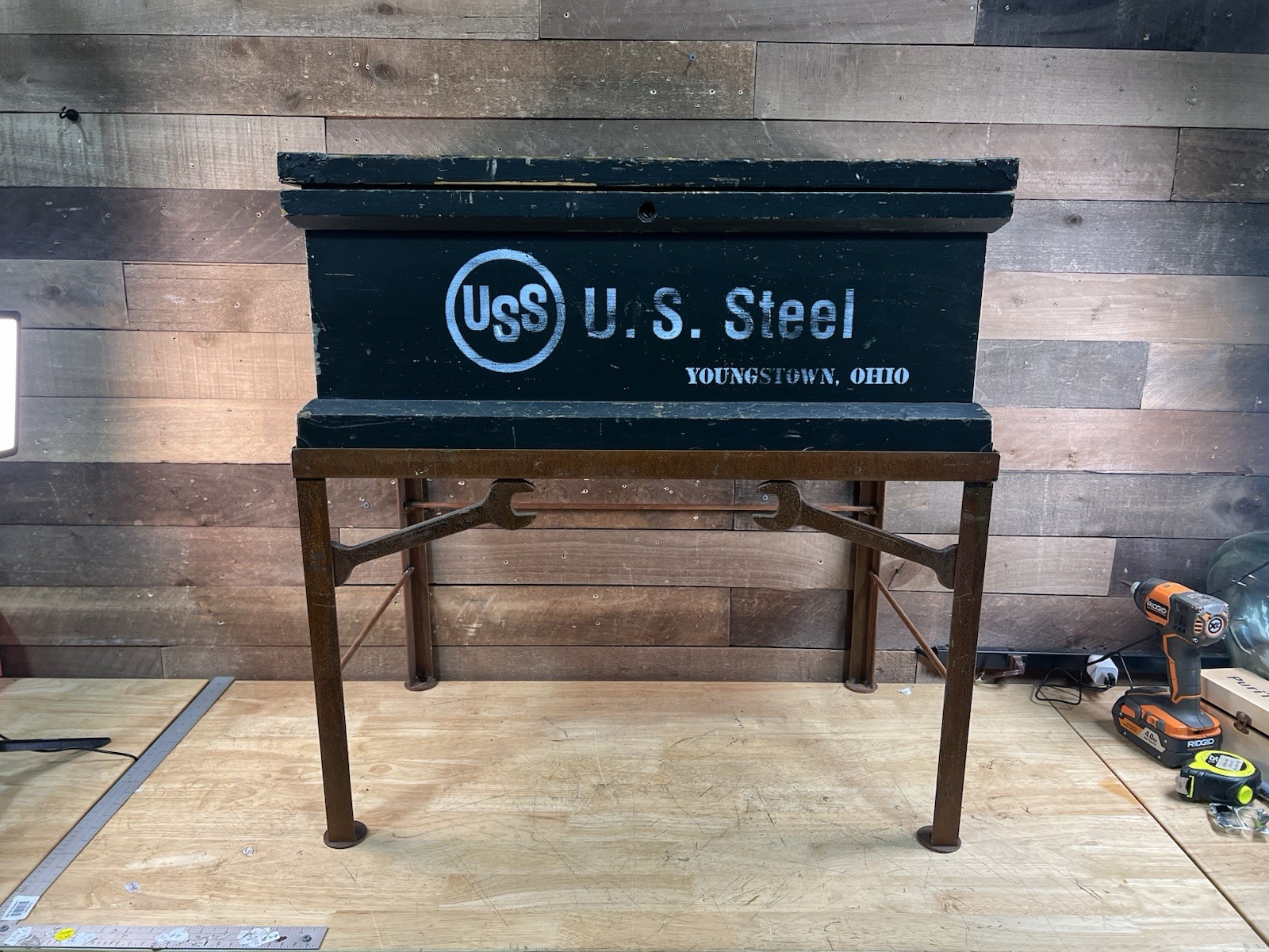 Vintage Large U.S. Steel Wooden Toolbox With Metal Base Stand