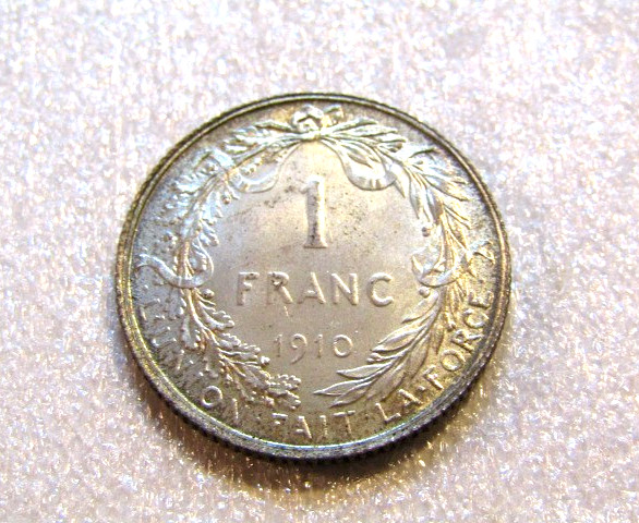 1910 Belgium 1 Franc Silver Coin