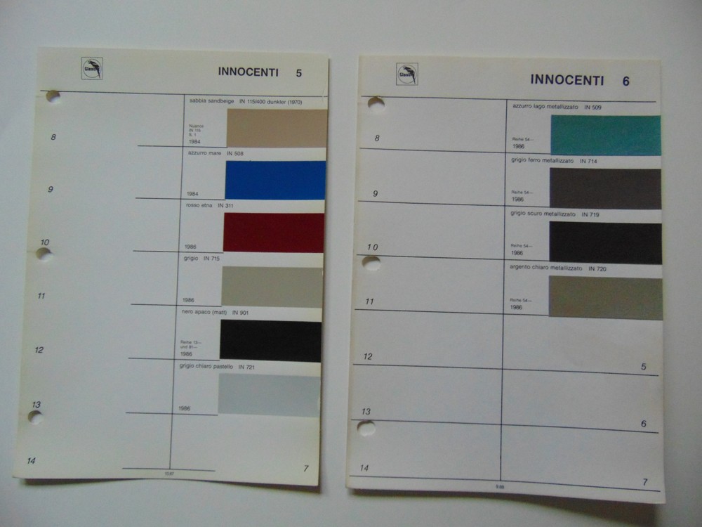 Original Glasurit Innocenti Paint Chips Sheet - 1984-1986