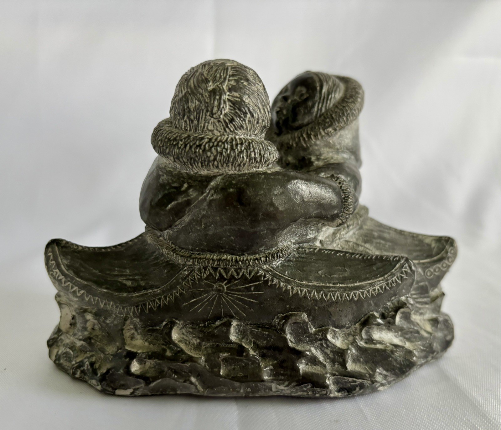 A Wolf Original Soap Stone Sculpture Inuit Man and Woman Canoes 5” Figurine