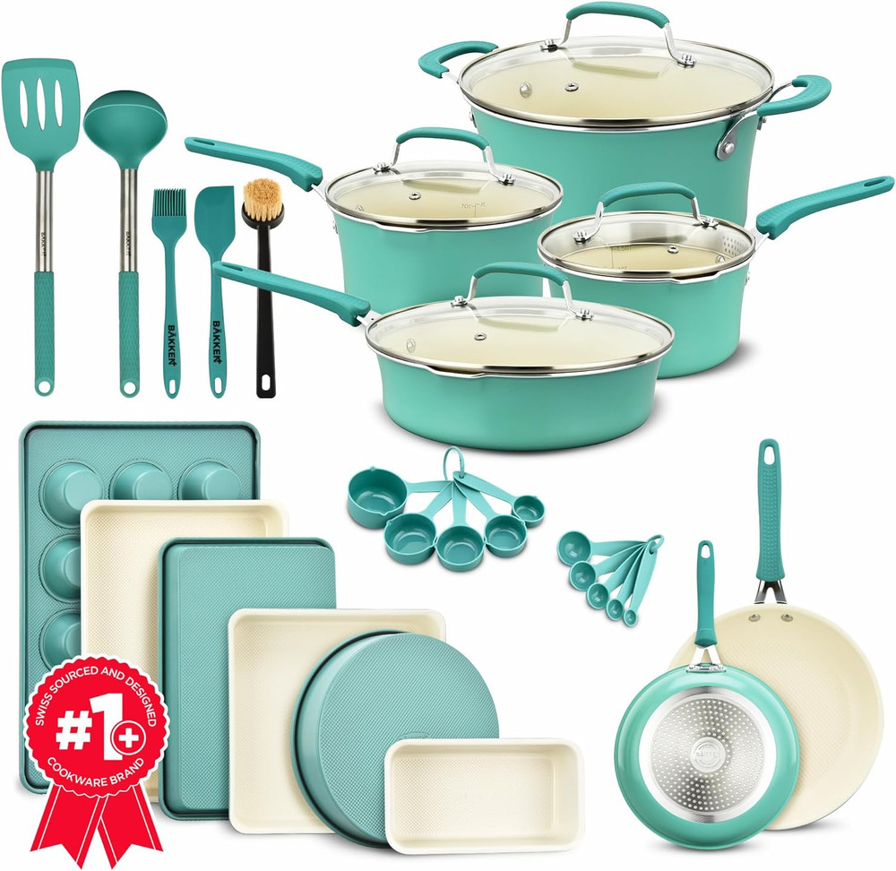 BAKKEN Swiss 23-Piece Aqua Cookware Set - Versatile Pots, Pans & Bakeware