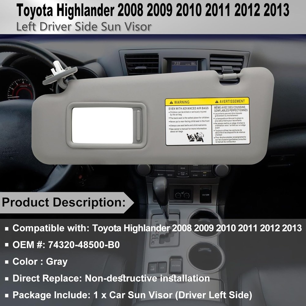 Driver Left Side Sun Visor Replacement Compatible with Toyota Highlander 2008 20