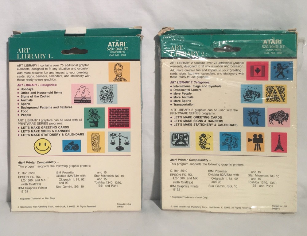 ART LIBRARY 1 & 2 Atari ST 3.5" Floppy Disk Software Boxed W/ Manual CIB