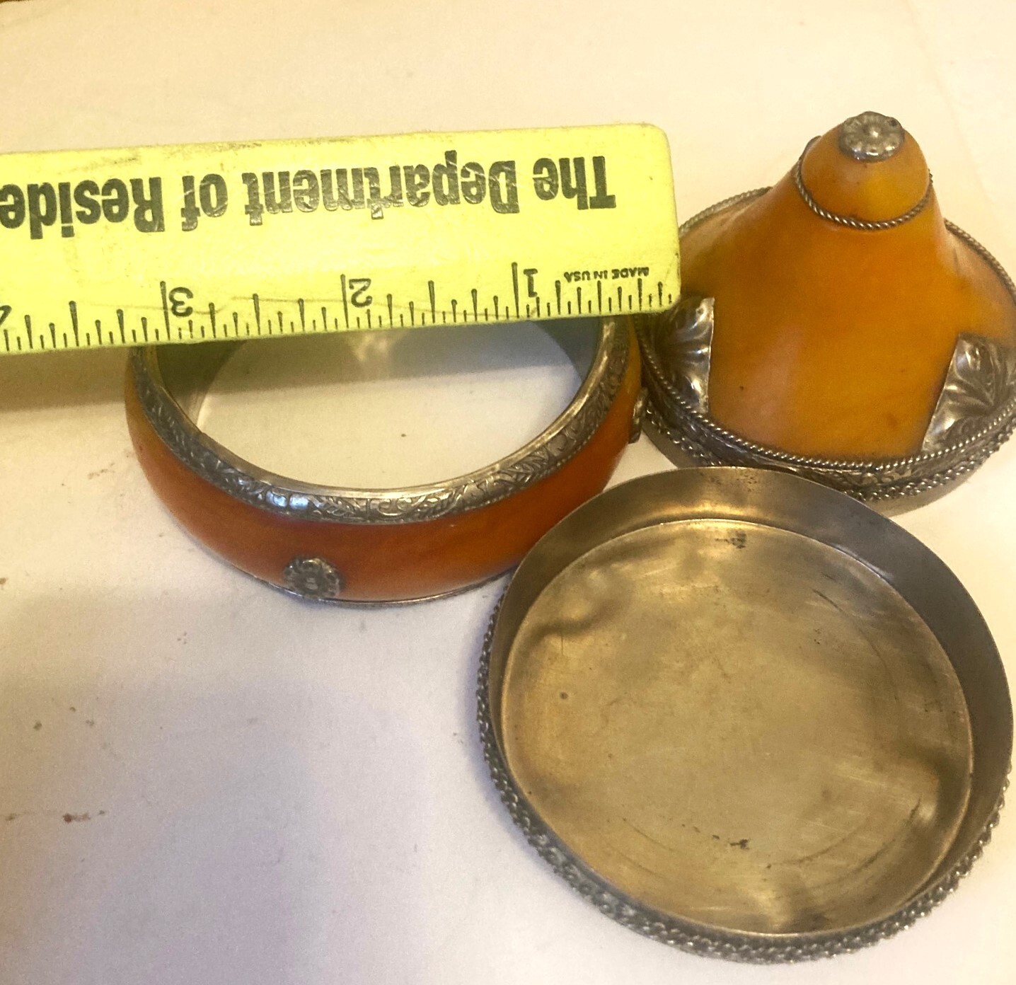 Vtg Handmade Moroccan Yellow Berber Amber Resin & Silver Trinket Jar/ Bangle 3"