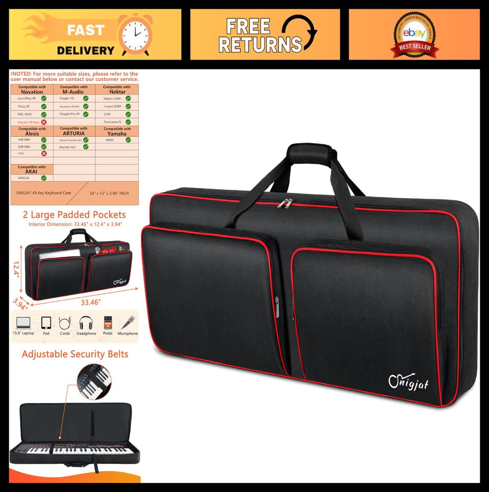 49-Key Soft Keyboard Case Bag, Waterproof with Padded Pockets & Adjustable Strap
