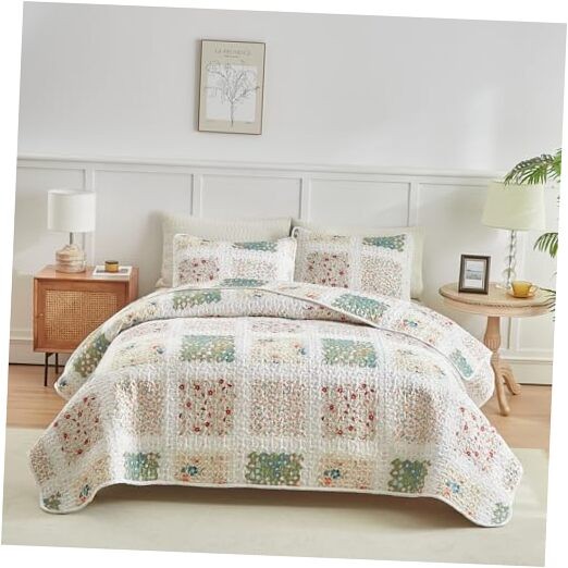 Patchwork Quilt Set Queen Full Size 88x88 3 PC Queen 90x90 Patchwork Green